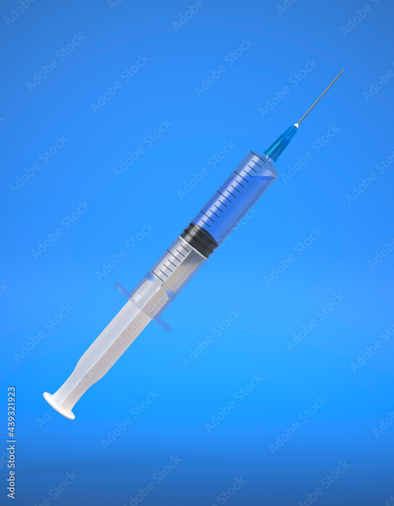 Syringe with liquid on blue background. Medical concept. 3d rendering illustration Syringe with liquid on blue background. Medical concept. 3d rendering illustration