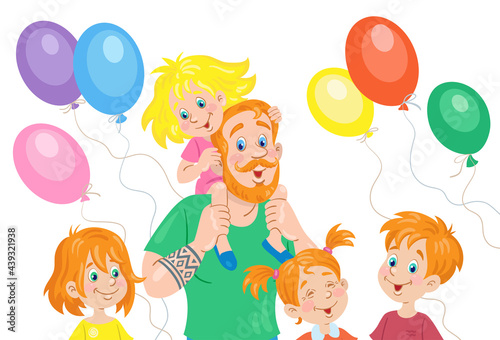 Happy father's day. Portrait of a lovely father with four children on the background of colorful balloons. In cartoon style. Isolated on white. Vector flat illustration.