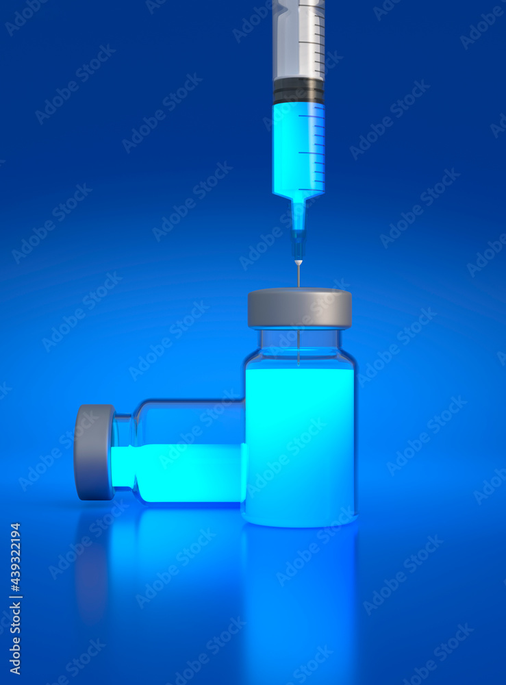 Medical needle entering into a glass vial of vaccine on blue background. Vaccine for Coronavirus COVID-19, global pandemic flu disease. Medical concept. 3d rendering illustration Medical needle entering into a glass vial of vaccine on blue background. Vaccine for Coronavirus COVID-19, global pandemic flu disease. Medical concept. 3d rendering illustration