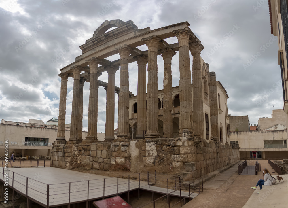 Full view at the roman ruin historical landmark monument Temple of Diana in Mérida downtown
