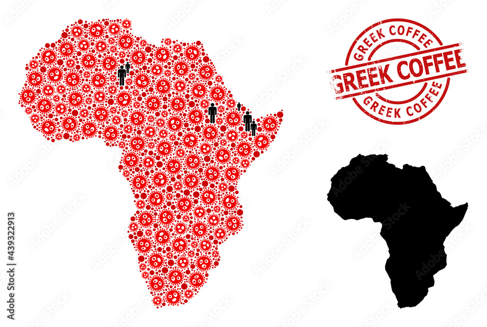 Obraz premium Collage map of Africa constructed from covid virus icons and demographics items. Greek Coffee textured seal. Black man icons and red flu virus icons. Greek Coffee caption is inside round seal.