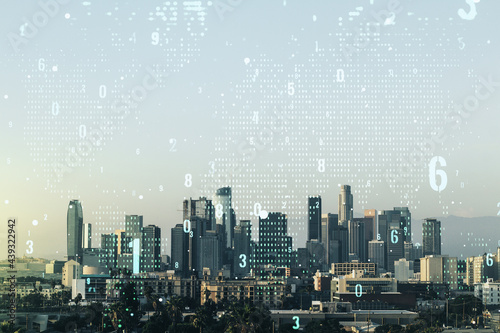 Multi exposure of abstract graphic coding sketch and world map on Los Angeles cityscape background  big data and networking concept