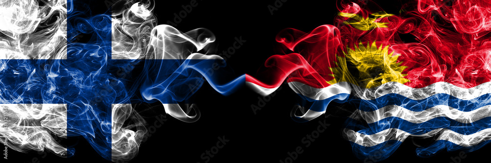 Finland, Finnish vs Kiribati smoky flags side by side. Finland, Finnish vs Kiribati smoky flags side by side.