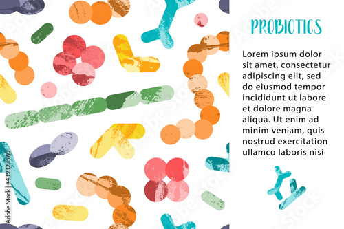 Probiotics. Lactic acid bacteria. Good microorganisms for gut, intestinal flora health. Microflora. Microbiome. Bifidobacterium, lactobacillus,  lactococcus, thermophilus streptococcus. Vector pattern