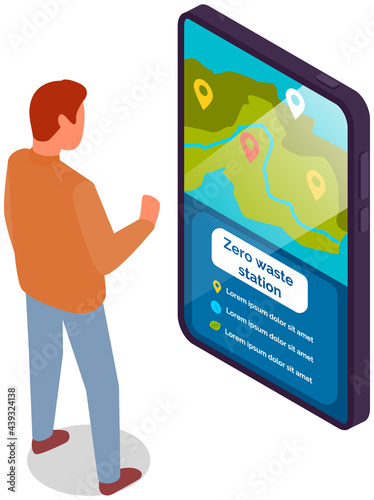 Person analyses zero waste station in mobile app. Man looking at informational screen terrain map with marks on phone display. Start recycling today smartphone interface. Green technology ecosystem