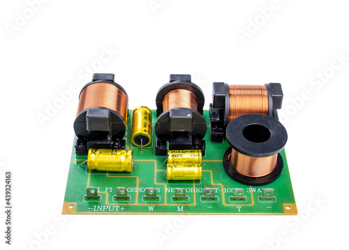 Φωτογραφία Audio frequency separation electronics for speakers, three-way crossover network, circuit board, clipping path isolated on white background