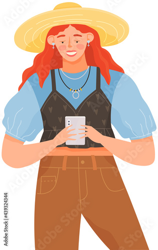 Woman with smartphone is communicating on abstract background. Female character using mobile device to chat. Young girl is chatting online via internet. Person uses technology to communicate