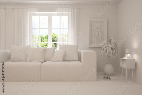 Minimalist living room in white color with sofa and summer landscape in window. Scandinavian interior design. 3D illustration