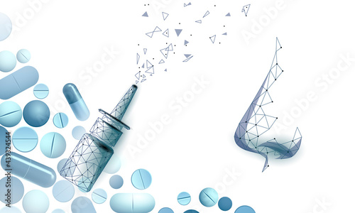 Rhinitis nose low poly. Treatment medicine coryza. Pharmacy runny nose spray. Drug capsule polygonal design banner template research vector illustration