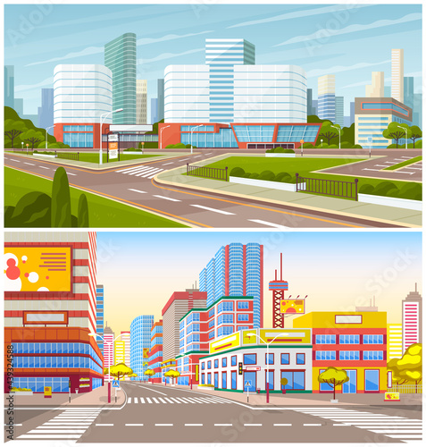 Landscape of urban cities. Cityscapes of town center with malls. Roadways with markup against background of buildings and skyscrapers. Cityscapes with modern buildings. Two urban cities with highways