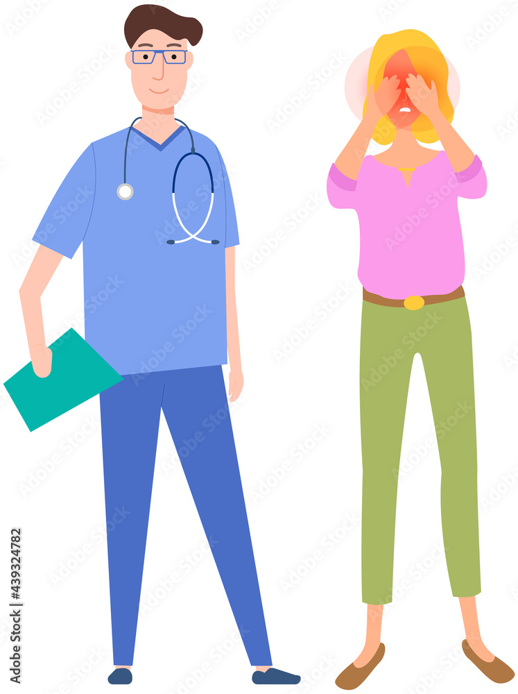 Inflammation and sharp pain in eyes. Girl suffering from redness eyes on medical consultation with doctor. Conjunctivitis, infection and allergies symptom. Sick woman covers face with hands Inflammation and sharp pain in eyes. Girl suffering from redness eyes on medical consultation with doctor. Conjunctivitis, infection and allergies symptom. Sick woman covers face with hands