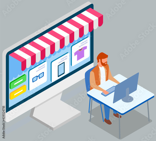 Shopping with special store computer program. Man is using laptop for buying and ordering goods. Male character is shopping online. Application interface for online shopping on computer monitor