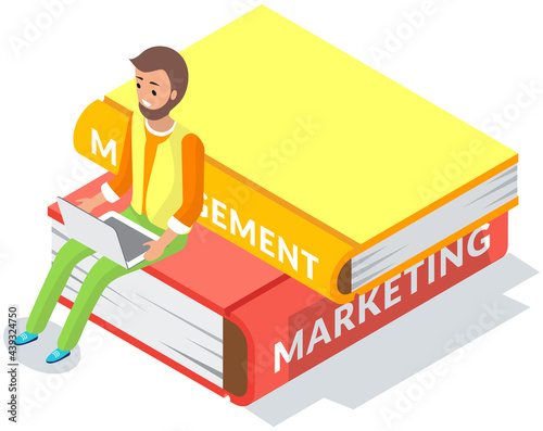Online library. Books in your laptop. Young man love to read sitting on stack of large books and using tablet pc studying in internet. Online courses and student concept. Distance learning, knowledge