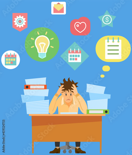 Missing deadline, bad time management. Work in high stress conditions and under hard boss pressure. Scene of tired, nervous, stressed people clutches head at work, many tasks. Deadline metaphors