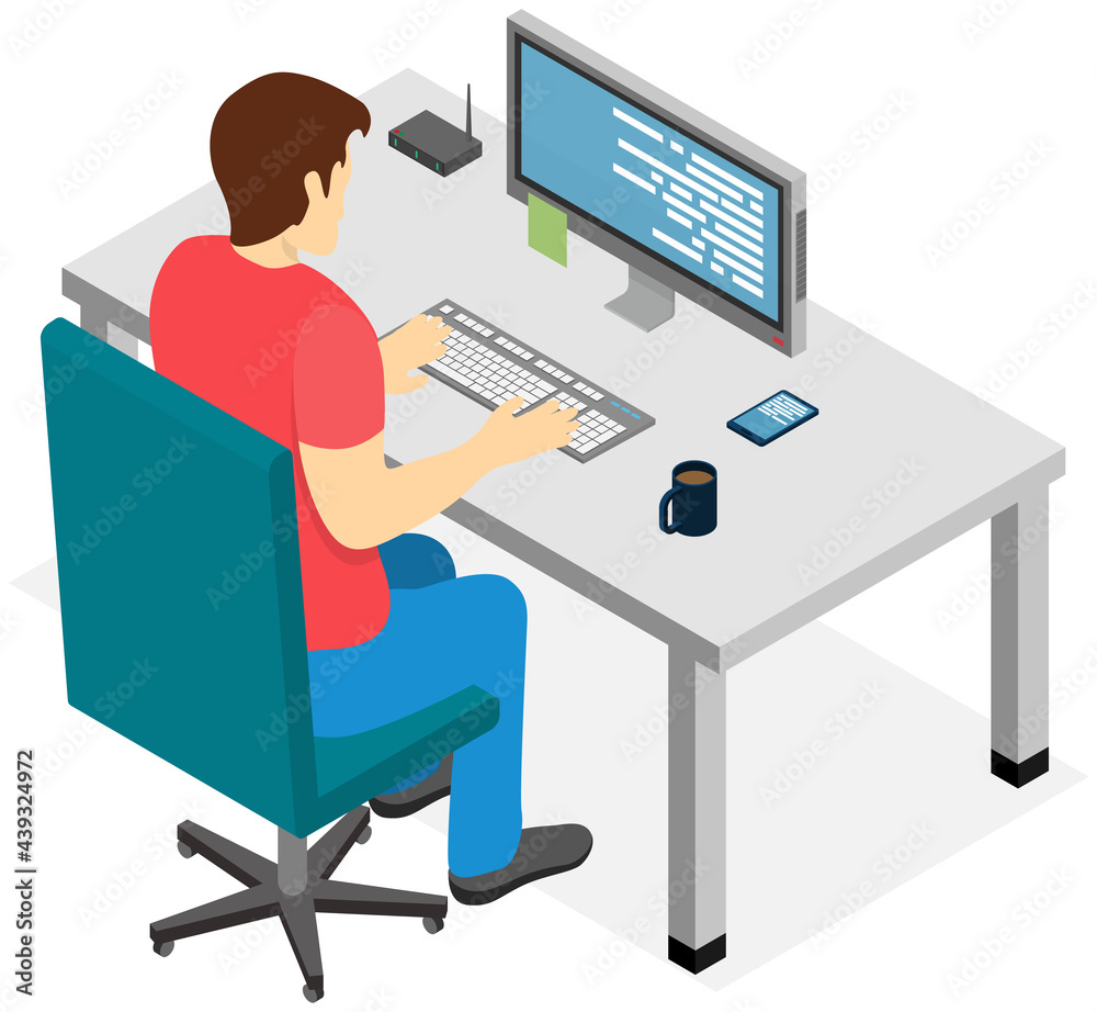 Office worker male character sitting at table with computer. Businessman or clerk working at his office workplace typing on keyboard. Young man enterpreneur performs work on computer isolated on white