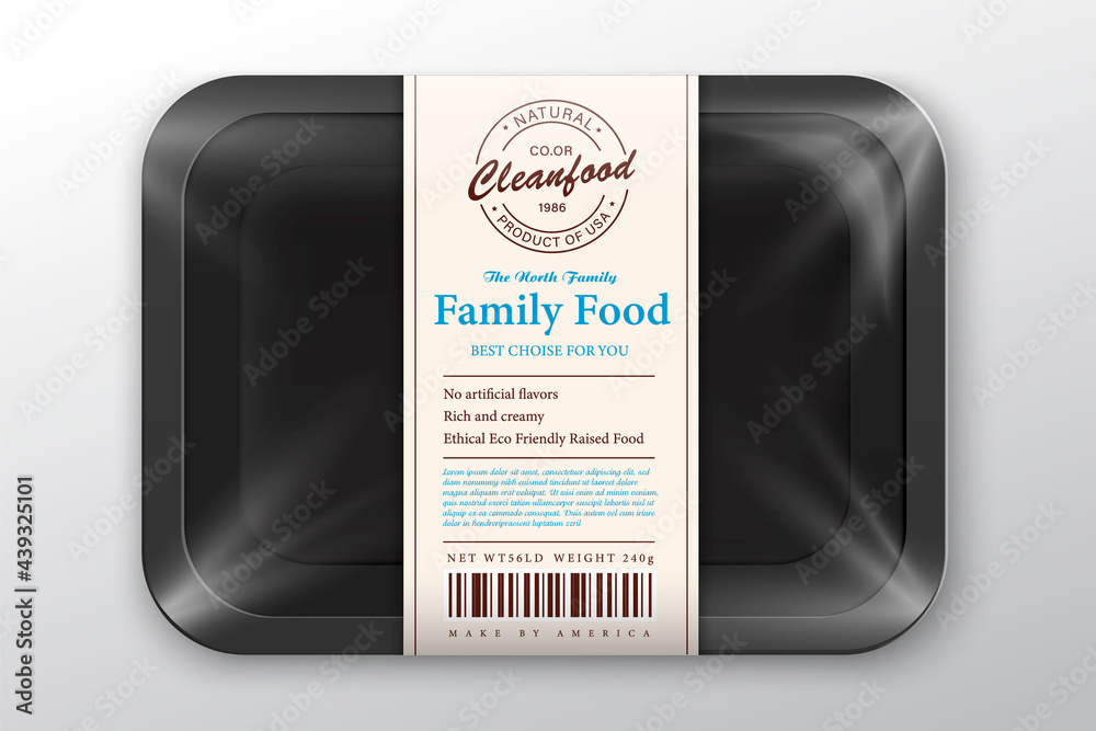 Salmon packaging illustration. White foam tray with plastic film mockup. Modern style fish label