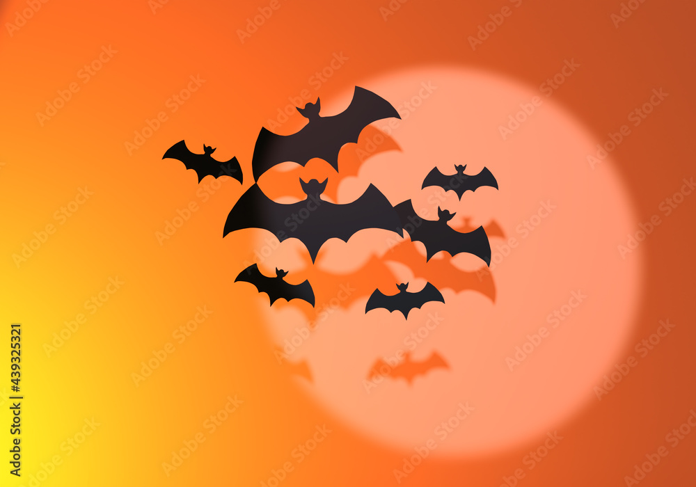 Halloween decorations concept. Bats Spotlight Light Bats Silhouettes Orange Background Bats symbolize halloween. Illustration on theme of celebration of halloween. 3D all hallows' eve decorations.