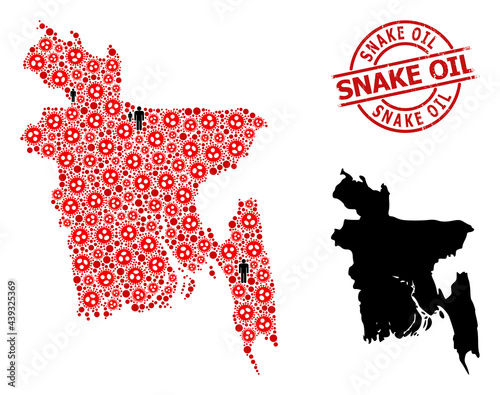 Mosaic map of Bangladesh composed of sars virus items and population items. Snake Oil distress watermark. Black person elements and red covid virus elements.