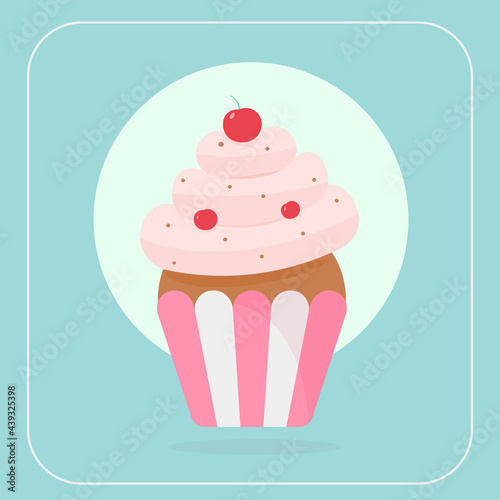 Sweet food creamy cupcake with cherry . Banner  card.