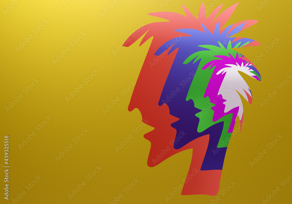 Silhouette guy head is multicolored. Multi-colored silhouettes of guy heads. Abstract background with human faces. Yellow banner with a place for inscription. Silhouette guy 3d multicolored