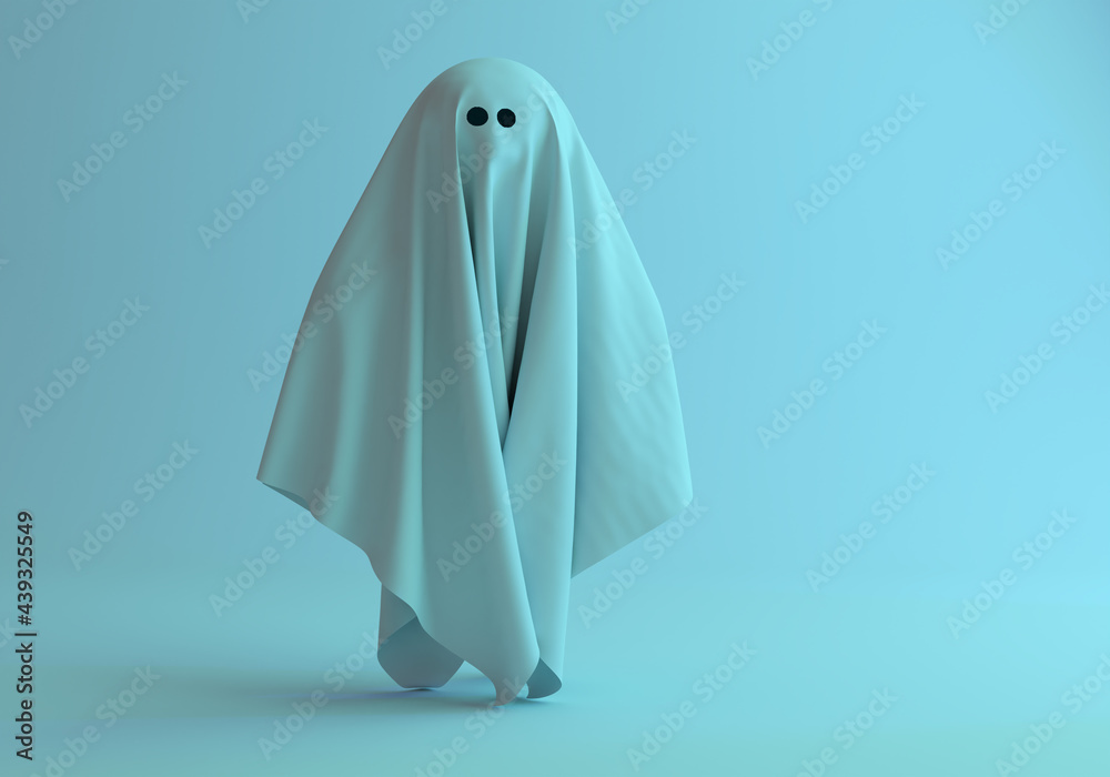 Ghost hovering in air on a light background. Ghost floating in the air from a white sheet. Pretty ghost with big eyes. specter looks into camera. It symbolizes holiday of Halloween. 3d rendering Ghost hovering in air on a light background. Ghost floating in the air from a white sheet. Pretty ghost with big eyes. specter looks into camera. It symbolizes holiday of Halloween. 3d rendering