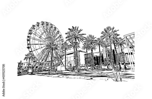 Building view with landmark of Gulf Shores is a city on Alabama. Hand drawn sketch illustration in vector.