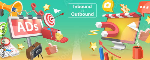 3D Isometric Flat Vector Conceptual Illustration of Inbound vs Outbound Marketing, Pros and Cons of Online and Offline Marketing