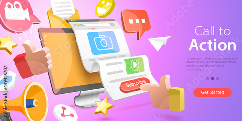 3D Isometric Flat Vector Conceptual Illustration of CTA - Call to Action, Marketing Technique to Prompt an Immediate Response or Encourage an Immediate Sale