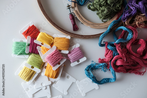 Top view on colorful embroidery floss bobbins. Embroidery threads and tools for handmade, crafts, hobbies.
