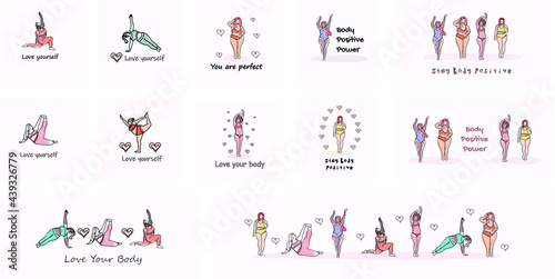 Mega big set of body positive illustrations. Bodypositive concept and recognition of your body. Young beautiful girls are happy. One line trend illustration for web  prints  t-shirt  articles