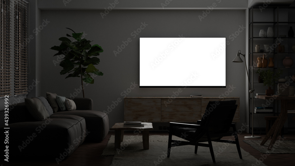 Glowing TV screen mock up at night in the living room with white wall. Glowing TV screen mock up at night in the living room with white wall.