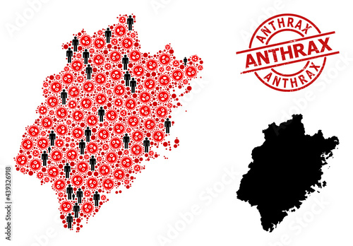 Mosaic map of Fujian Province designed from sars virus icons and men items. Anthrax grunge seal stamp. Black men items and red sars virus items. Anthrax text inside round seal.