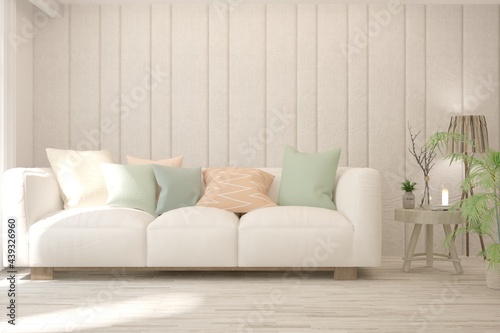 Soft color living room with sofa. Scandinavian interior design. 3D illustration