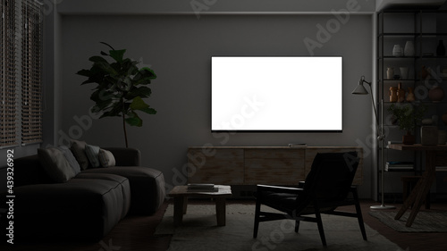 Glowing TV screen mock up at night in the living room with white wall.