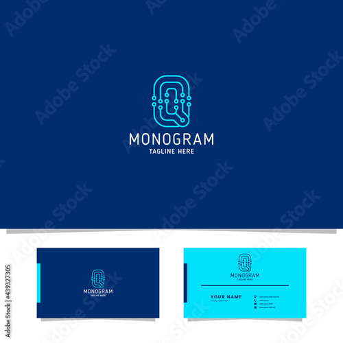Bright blue electronic circuit letter Q monogram initial logo with business card template