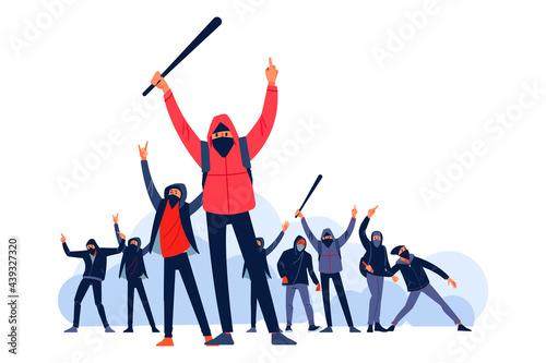 Protesters throws stones toward police during city streets riots. Male characters with a bat and a Molotov cocktail Attack and fight in the unrests. Flat style characters vector illustration isolated