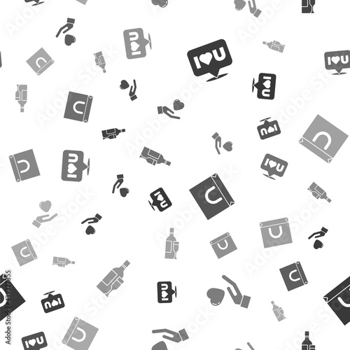Set Speech bubble with I love you, Heart in hand, Shopping bag and Champagne bottle on seamless pattern. Vector