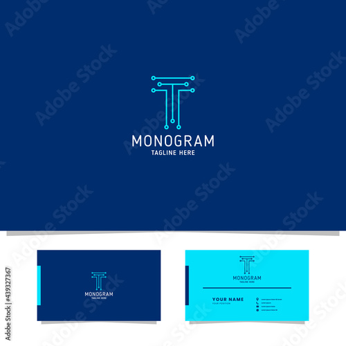 Bright blue electronic circuit letter T monogram initial logo with business card template