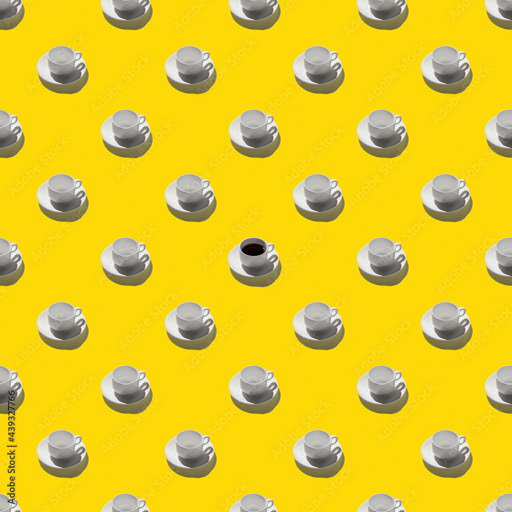 seamless looping pattern with empty white coffee cups and espresso. hard shadows on yellow background