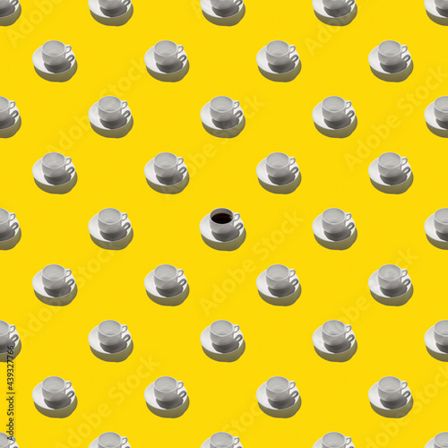 seamless looping pattern with empty white coffee cups and espresso. hard shadows on yellow background