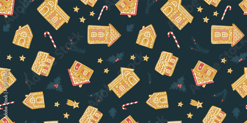 Cute hand drawn gingerbread houses seamless pattern, lovely doodle houses with many details, great for textiles, banners, wallpaper, wrapping - vector design