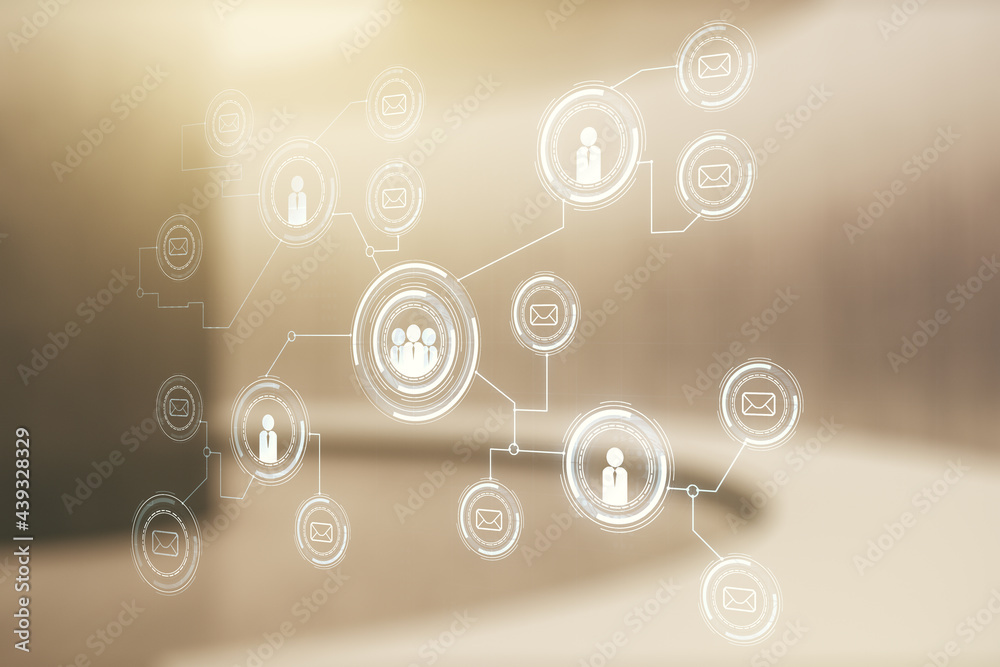 Double exposure of social network icons hologram on empty room interior background. Networking concept Double exposure of social network icons hologram on empty room interior background. Networking concept