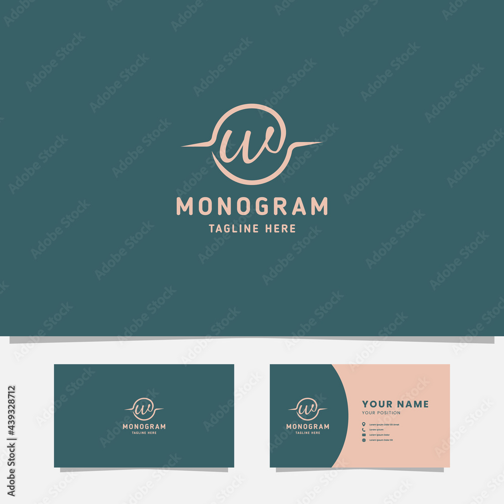 Handwritten letter W on circle monogram initial logo in pastel color with business card template