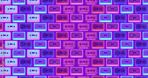 Music cassettes move from left to right on a purple 80s style background. Music cassettes for music tape recorders. Horizontal composition, 4k video quality