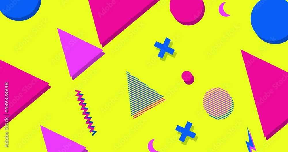 Geometric pattern in the style of the 80s. 3d geometric shapes rotate in a loop. Zoom in and out motion animation. Horizontal composition, 4k video quality
