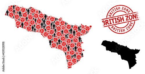Collage map of Abkhazia constructed from virus outbreak elements and population icons. British Zone scratched watermark. Black people elements and red SARS virus icons.