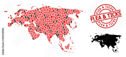 Collage map of Europe and Asia composed of sars virus icons and men icons. Flea & Ticks distress badge. Black people icons and red covid virus icons. Flea & Ticks text is inside round stamp.