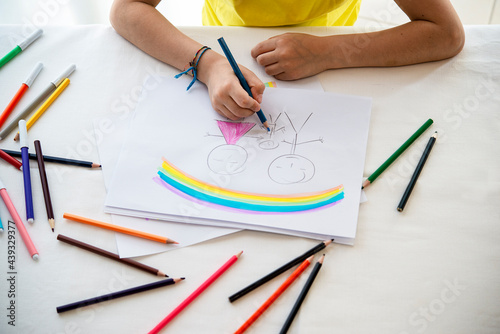 Hands of a child while drawing a concept of family father mother son parents