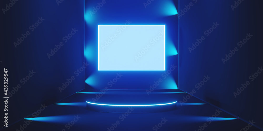 Abstract neon blue background pedestal, stand podium in the room with spotlight blue color dark blue Abstract neon blue background pedestal, stand podium in the room with spotlight blue color dark blue