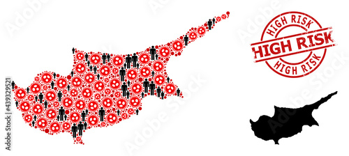 Collage map of Cyprus Island organized from SARS virus items and humans elements. High Risk distress badge. Black men items and red sars virus items. High Risk title inside round seal.